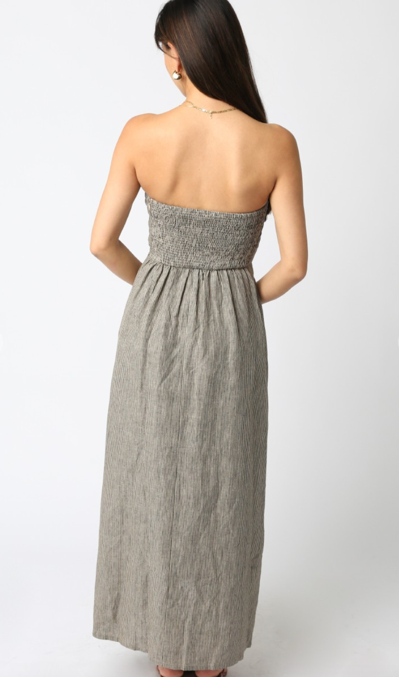 Taupe Strapless Stripe Linen Dress