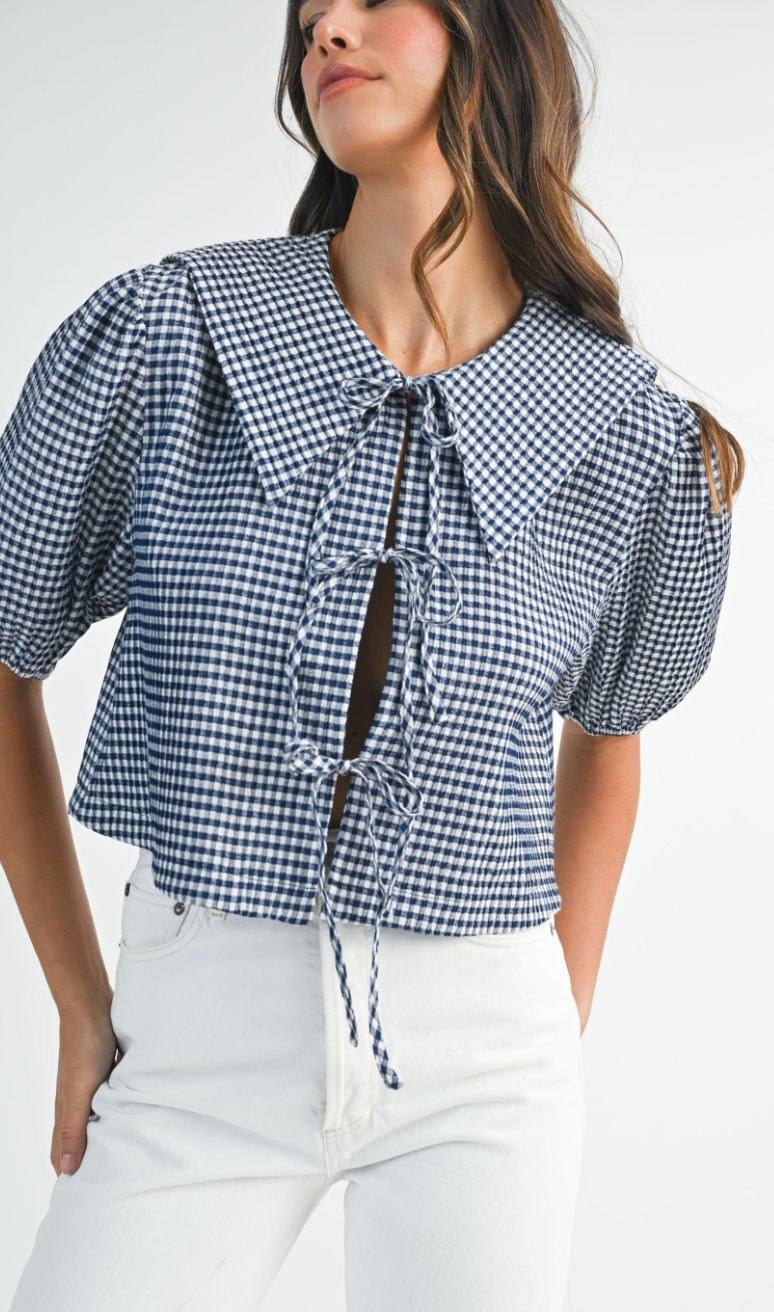 Navy Gingham Bib Blouse