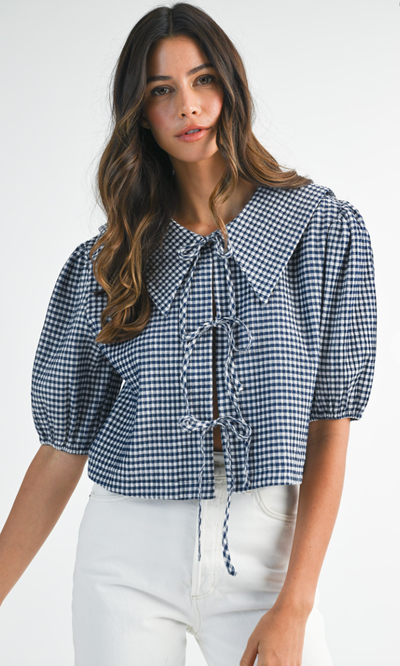 Navy Gingham Bib Blouse