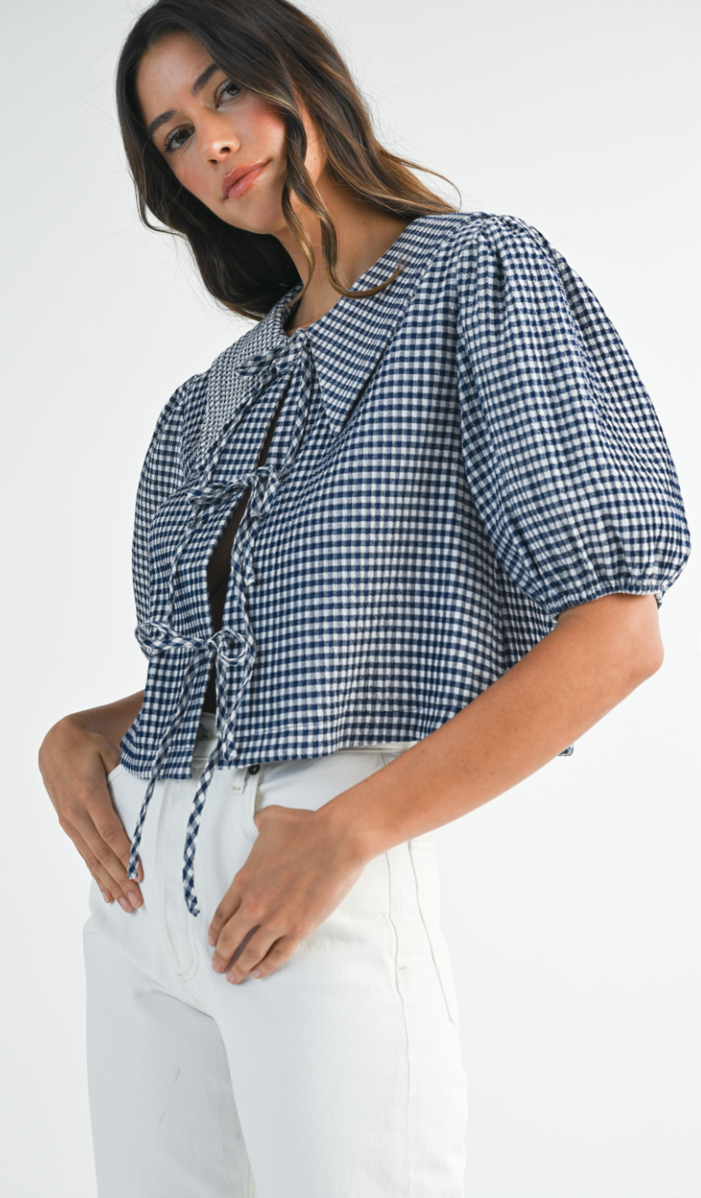 Navy Gingham Bib Blouse