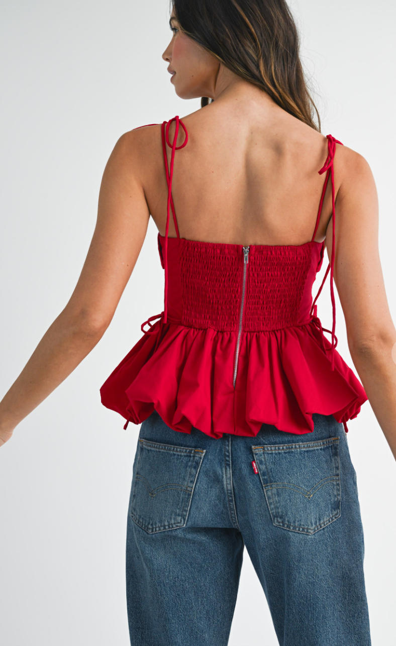 Red Bubble Hem Tie Shoulder Top
