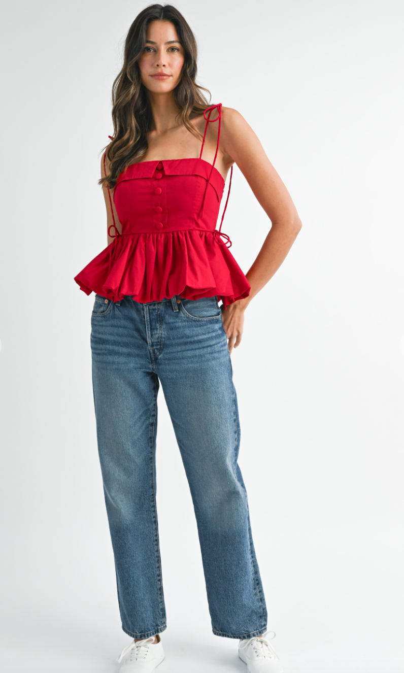 Red Bubble Hem Tie Shoulder Top