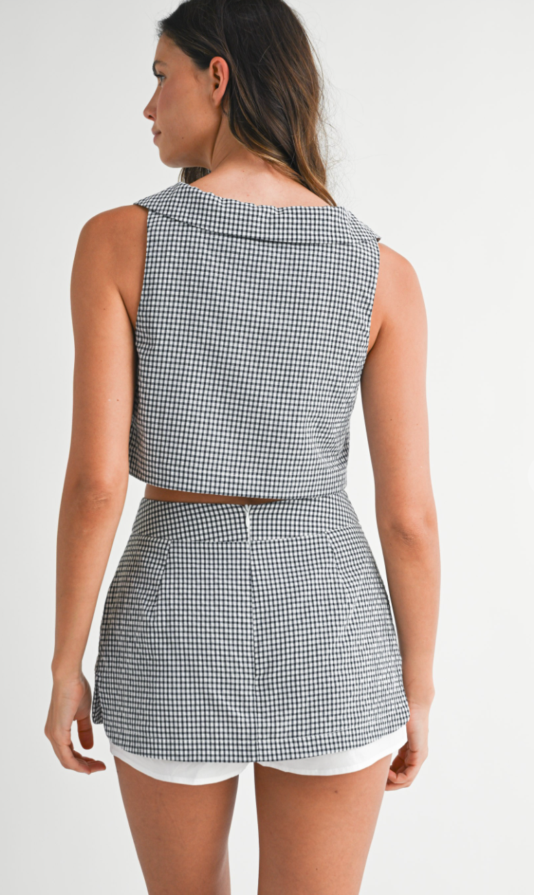 Black Gingham Collar Top & Skirt Set of 2