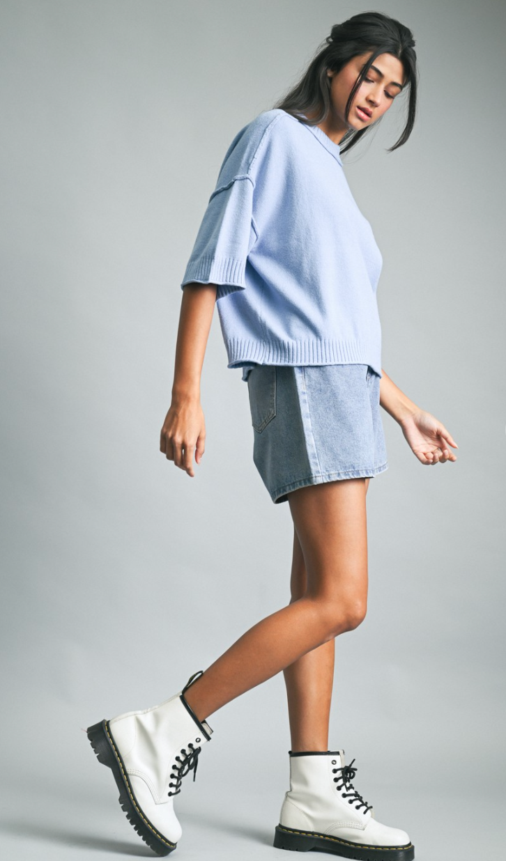 Drop Shoulder Knit Crewneck Blue