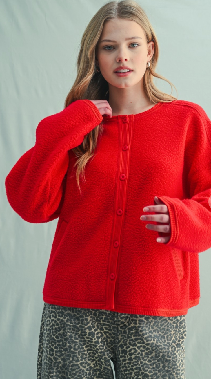 Sherpa Button Up Jacket Red