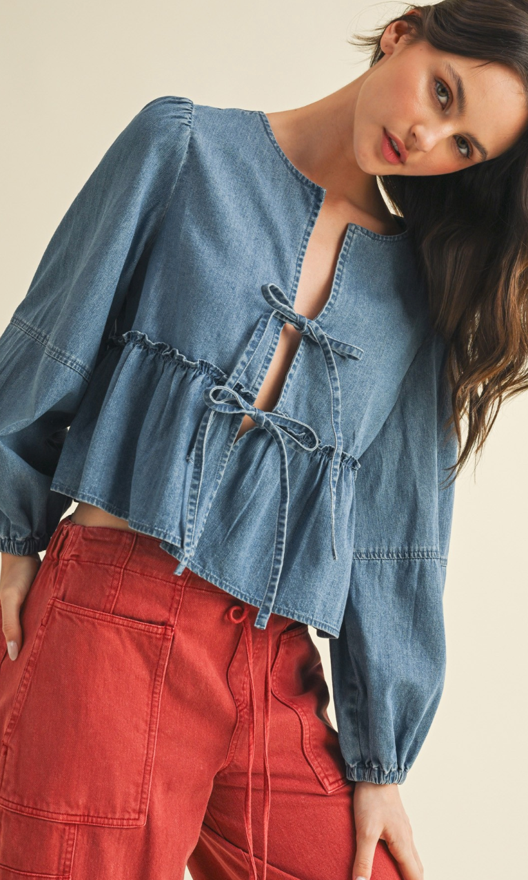 Denim Ruffle Ties Blouse