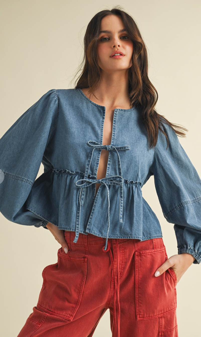 Denim Ruffle Ties Blouse