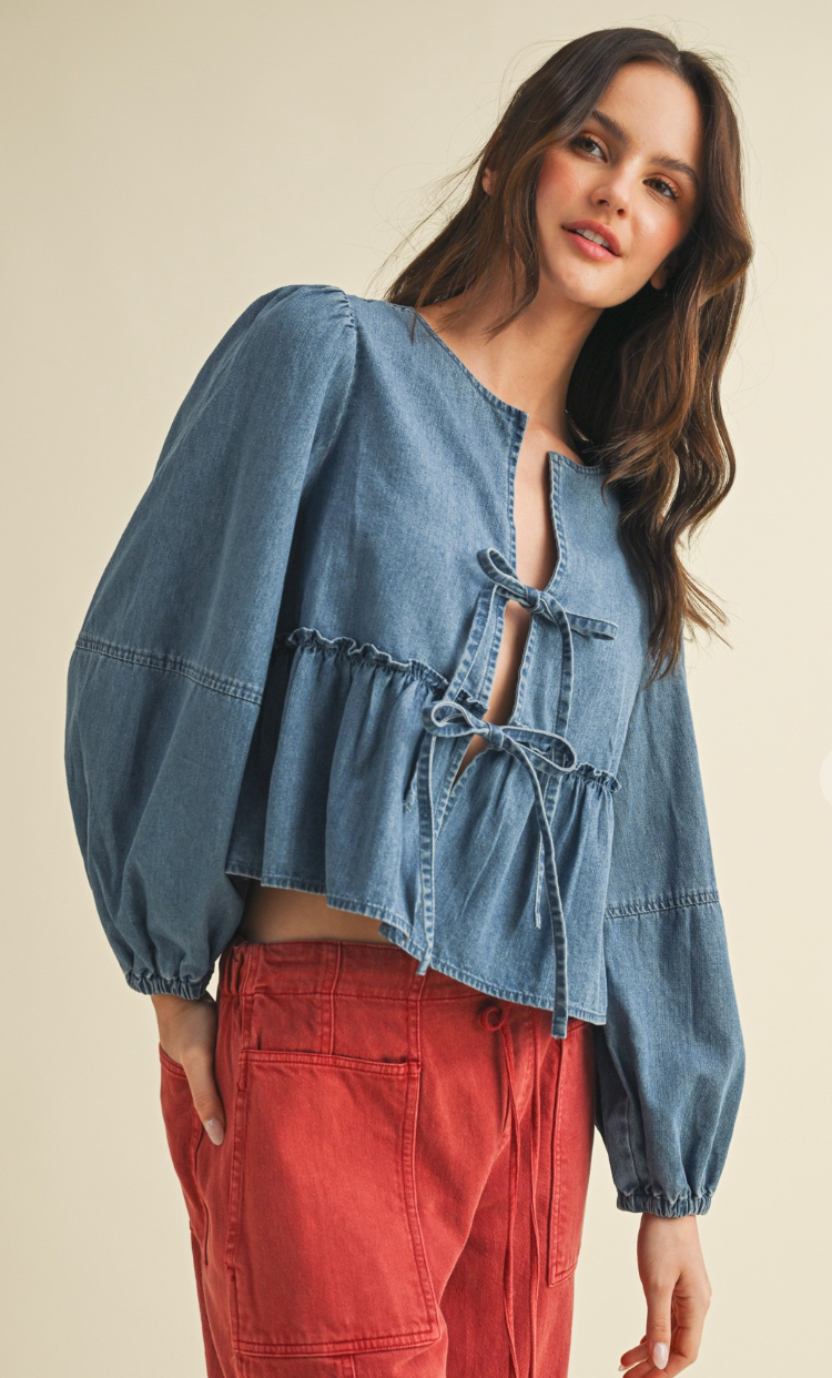 Denim Ruffle Ties Blouse