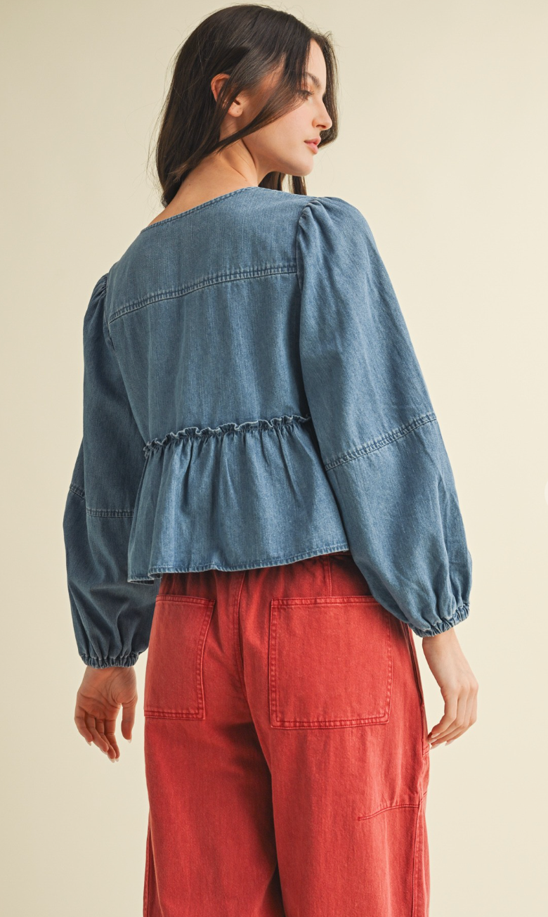Denim Ruffle Ties Blouse