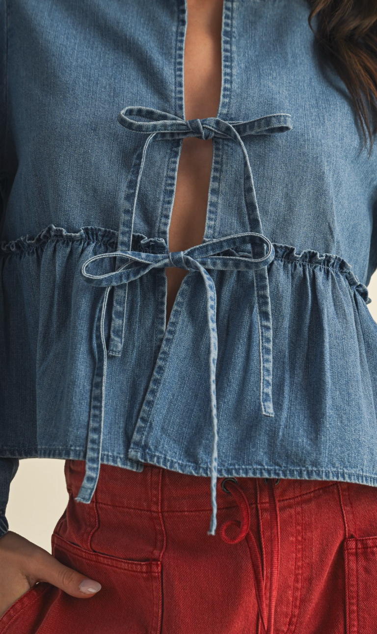 Denim Ruffle Ties Blouse