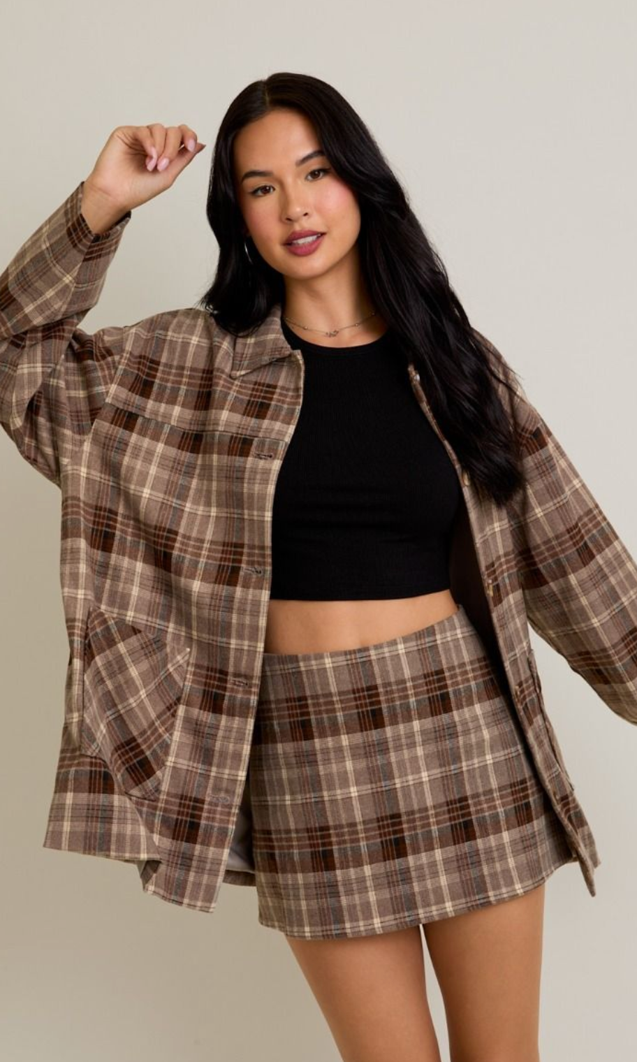 Oversize Plaid Jacket & Mini Skirt Set of 2