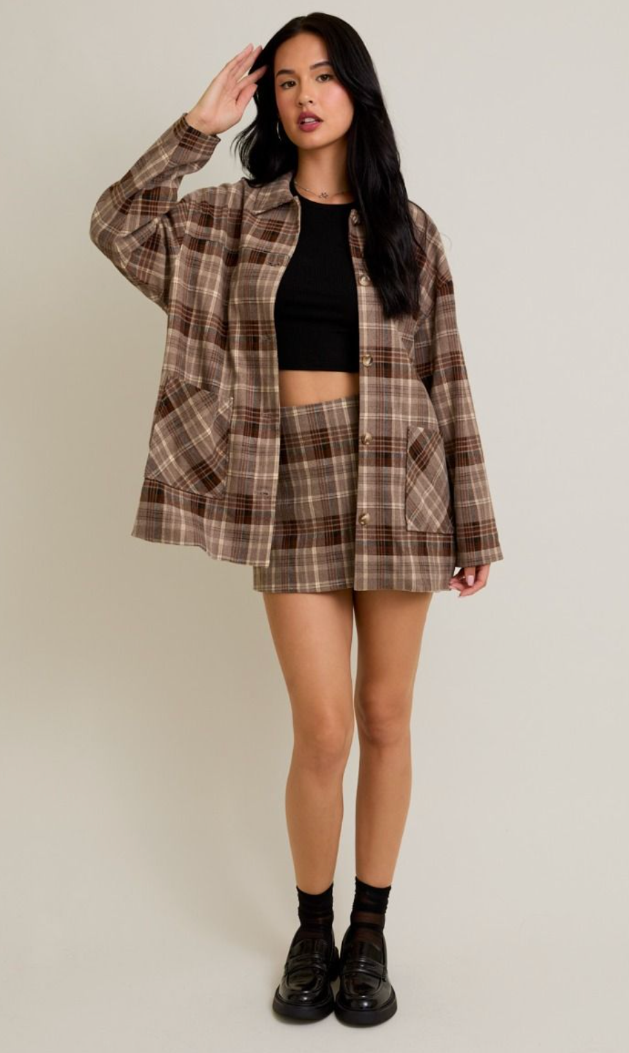 Oversize Plaid Jacket & Mini Skirt Set of 2