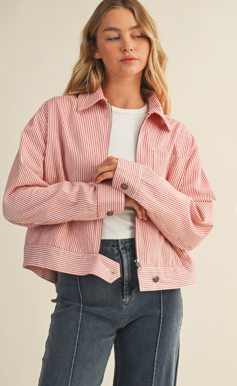 Cherry Red Stripe Zip Up Jacket