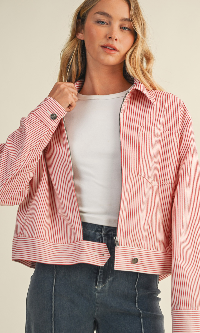 Cherry Red Stripe Zip Up Jacket