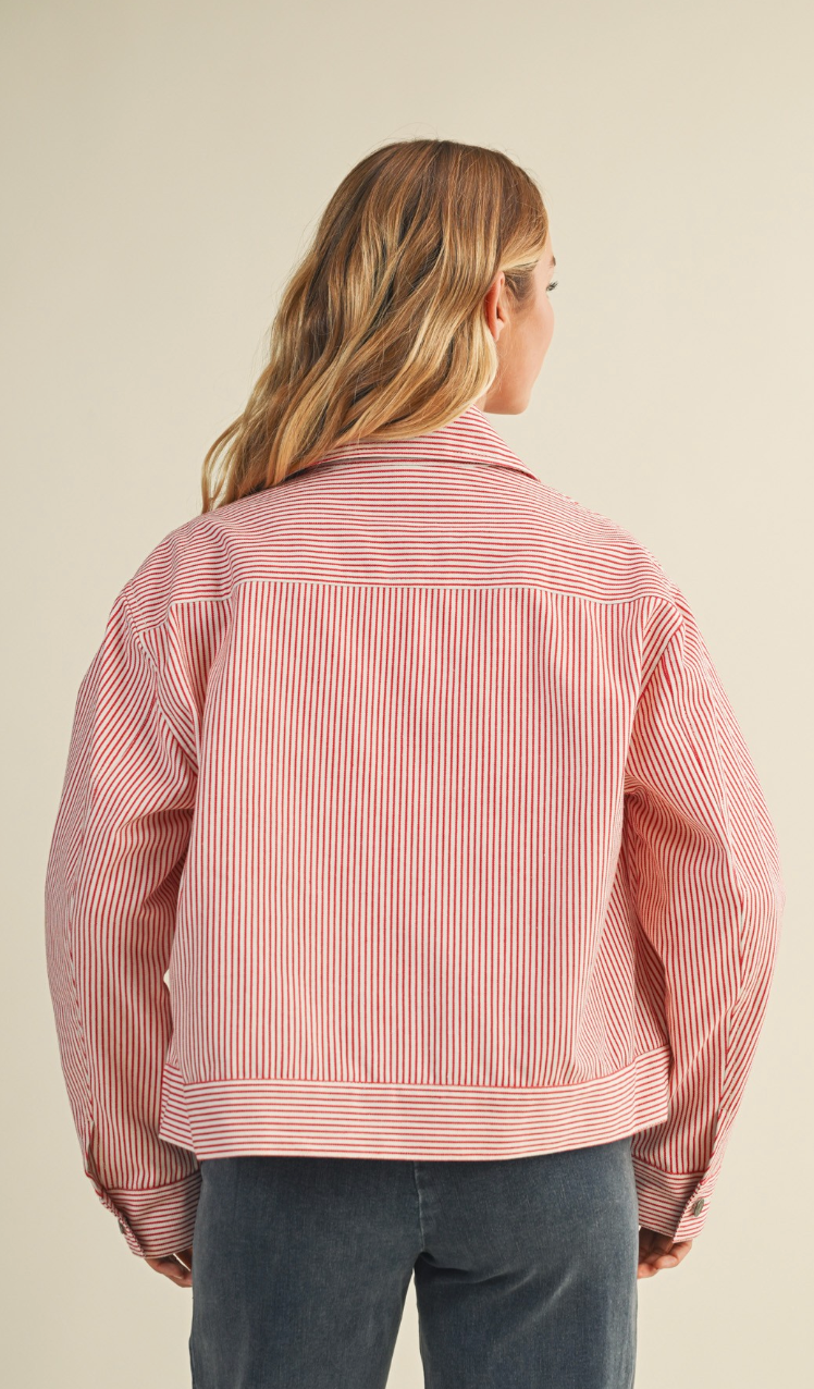 Cherry Red Stripe Zip Up Jacket