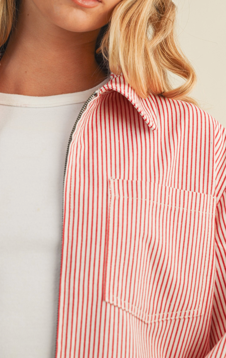 Cherry Red Stripe Zip Up Jacket