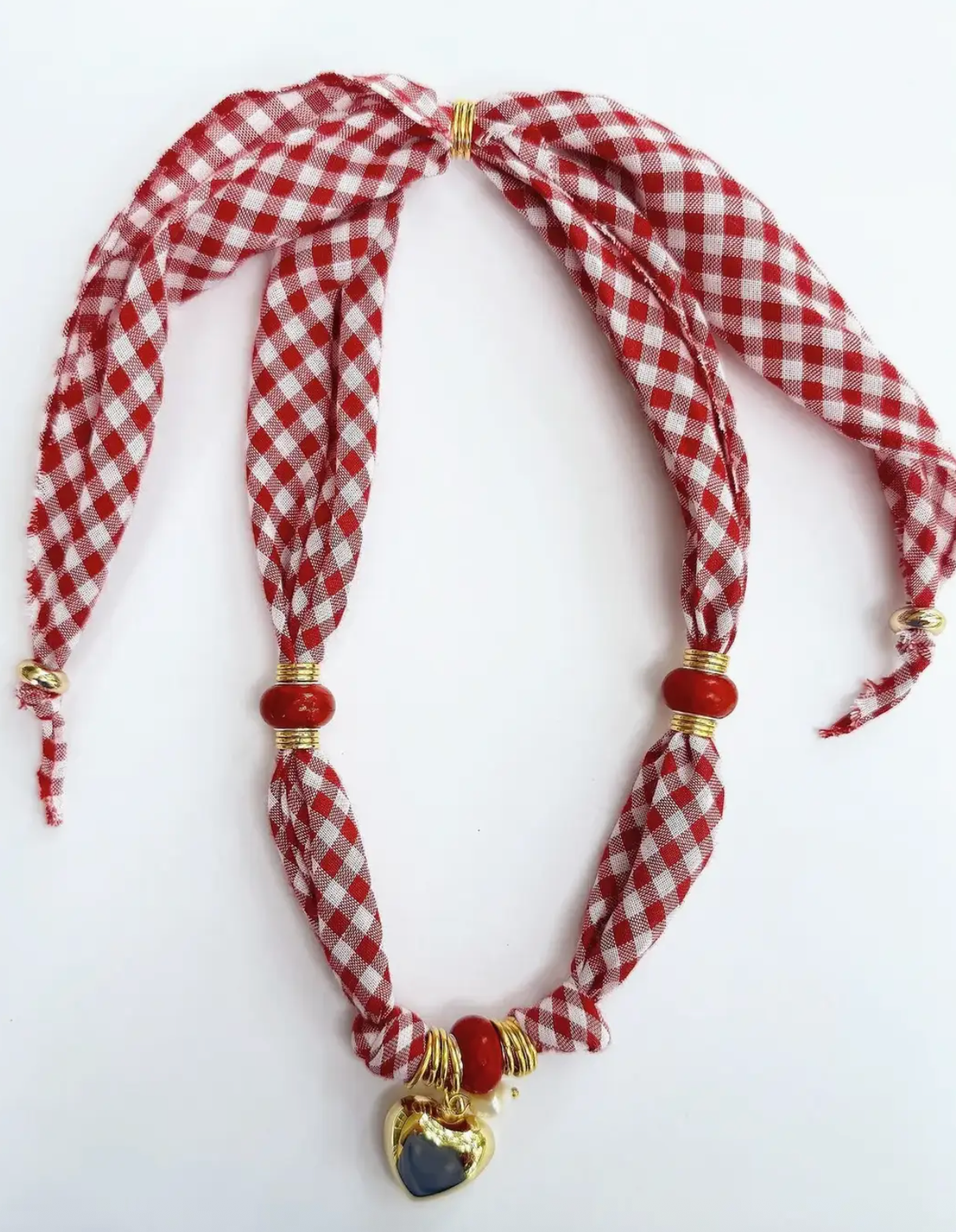 Gingham Heart/Pearl Scarf Necklace