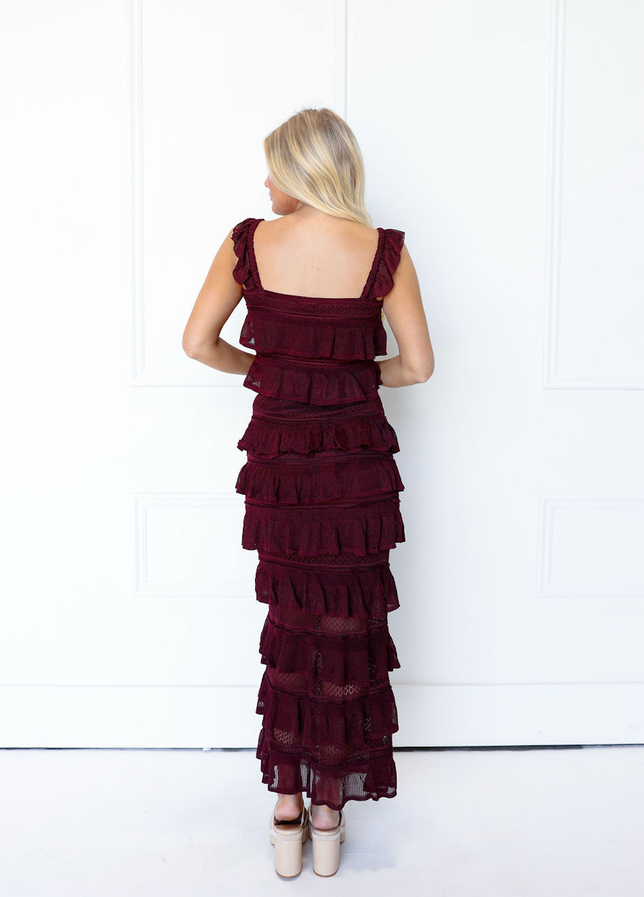 Ruffle Tiered Knit Top & Skirt Set Of 2 Wine