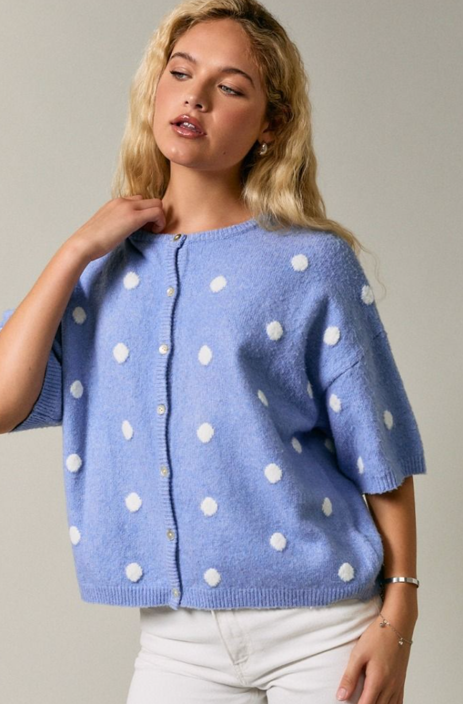 Polka Dot Crew Neck Cardigan Blue