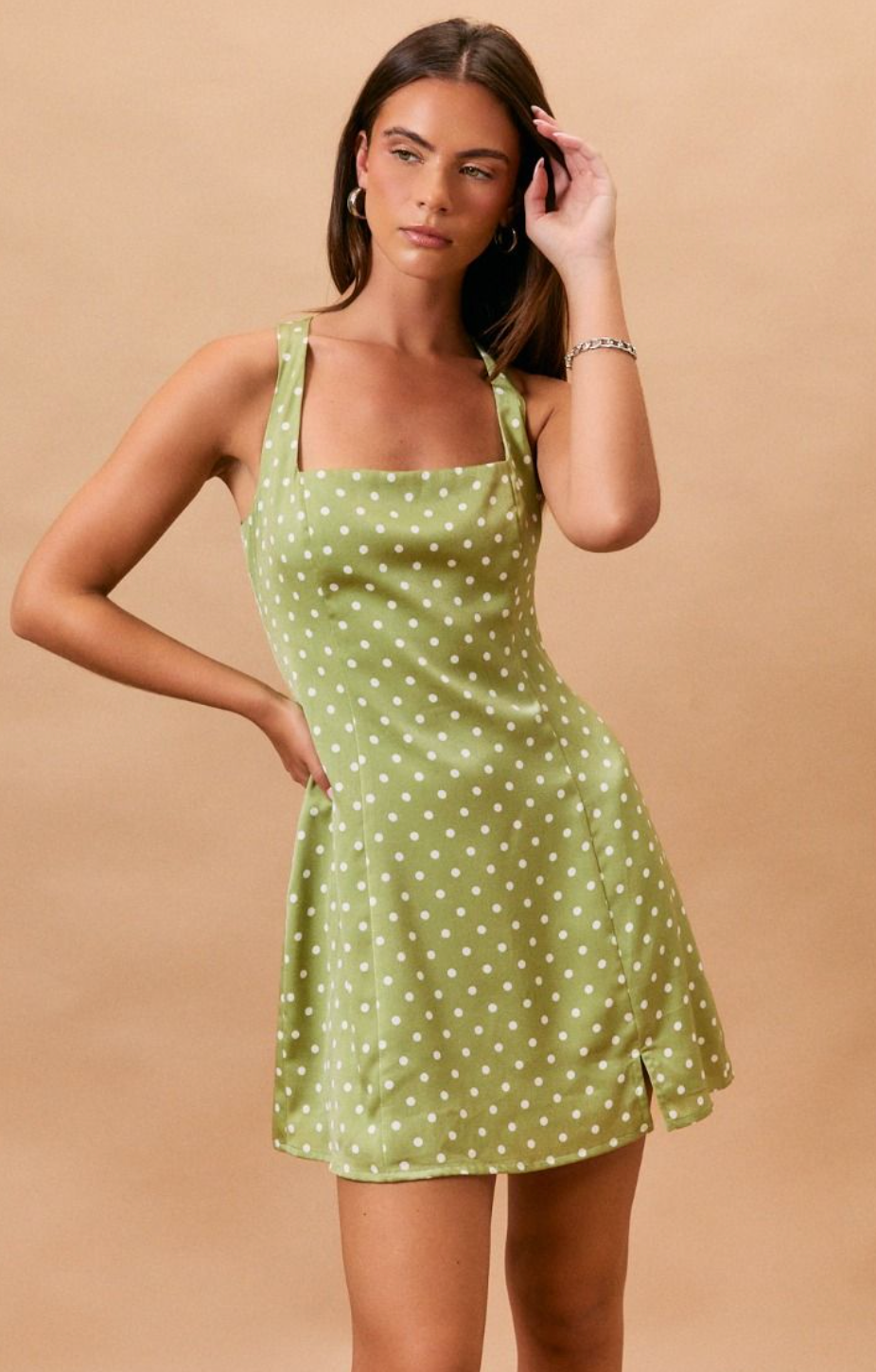 Satin Square Neck Dot Dress Lime