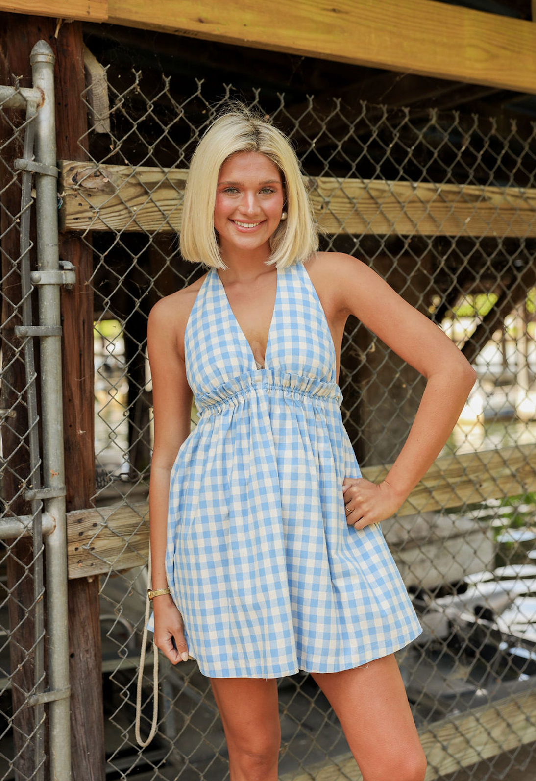 Halter Gingham Babydoll Dress Blue