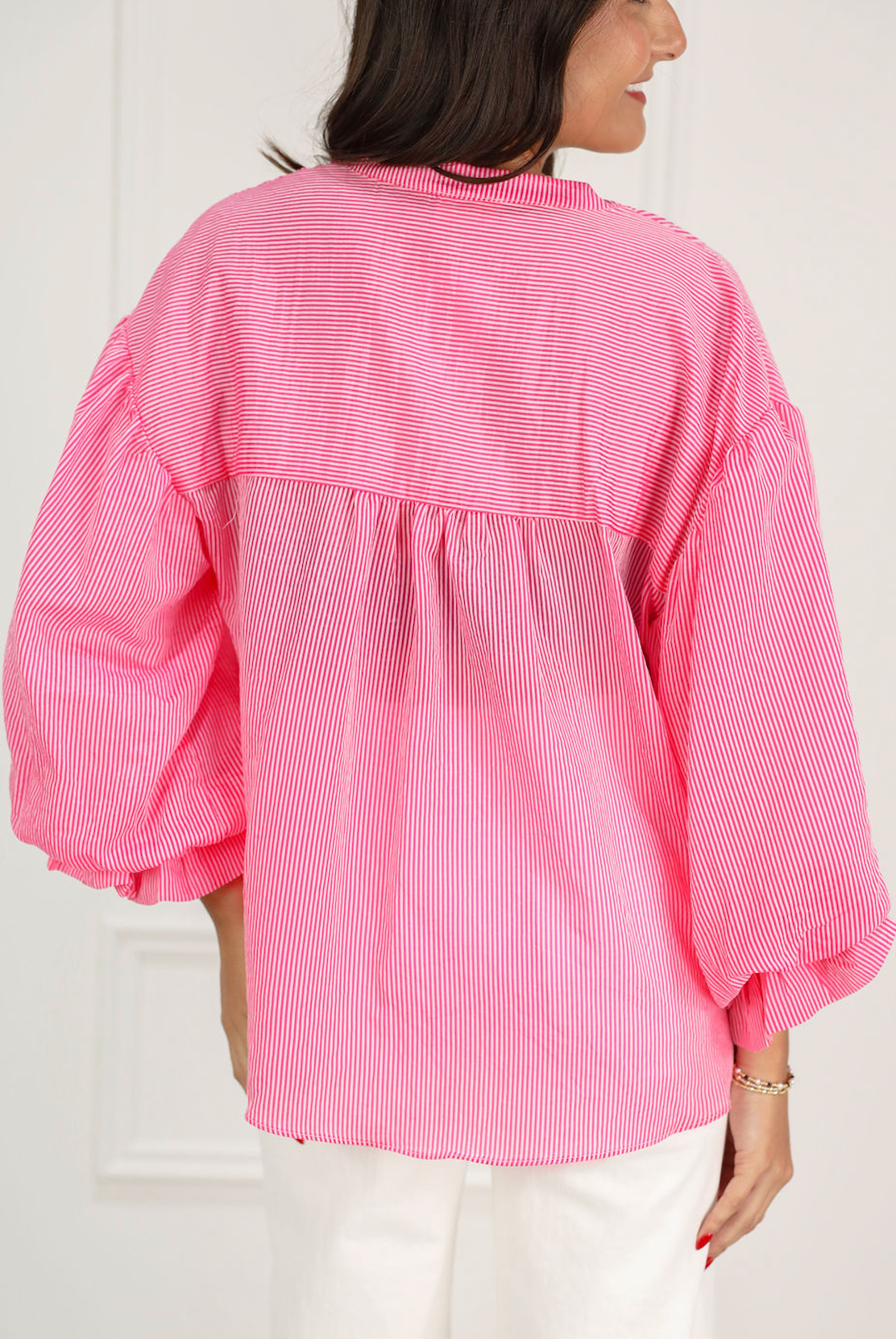 Pinstripe Bubble Sleeve Blouse Pink