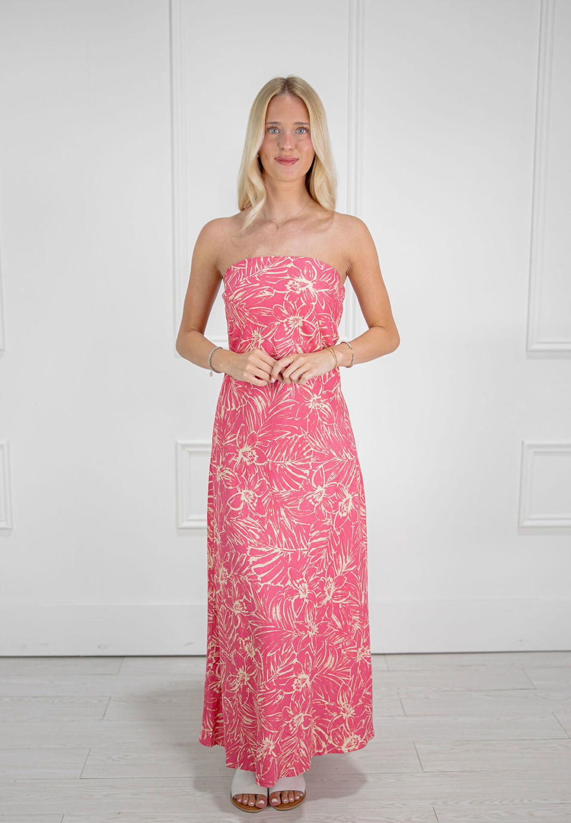 Pink Hibiscus Strapless Maxi Dress