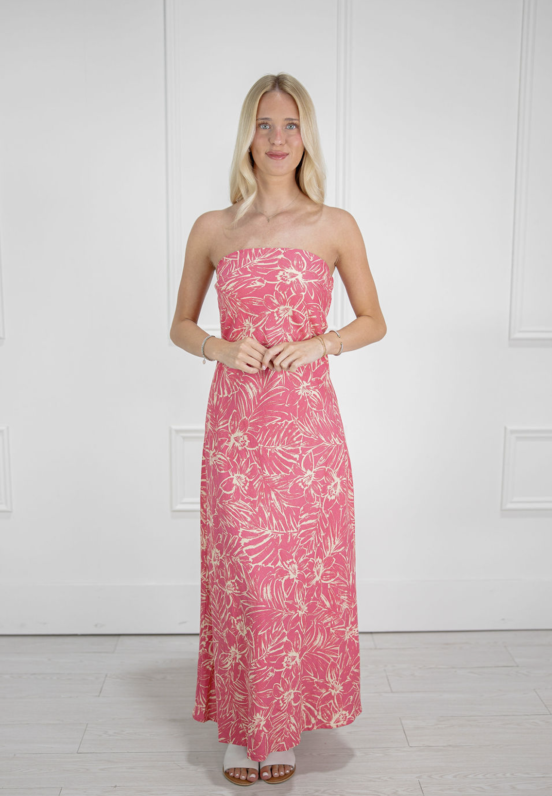 Pink Hibiscus Strapless Maxi Dress