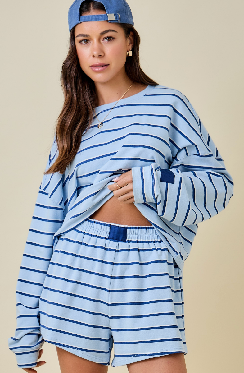 Blue/Navy Stripe Sweatshirt & Shorts Set of 2