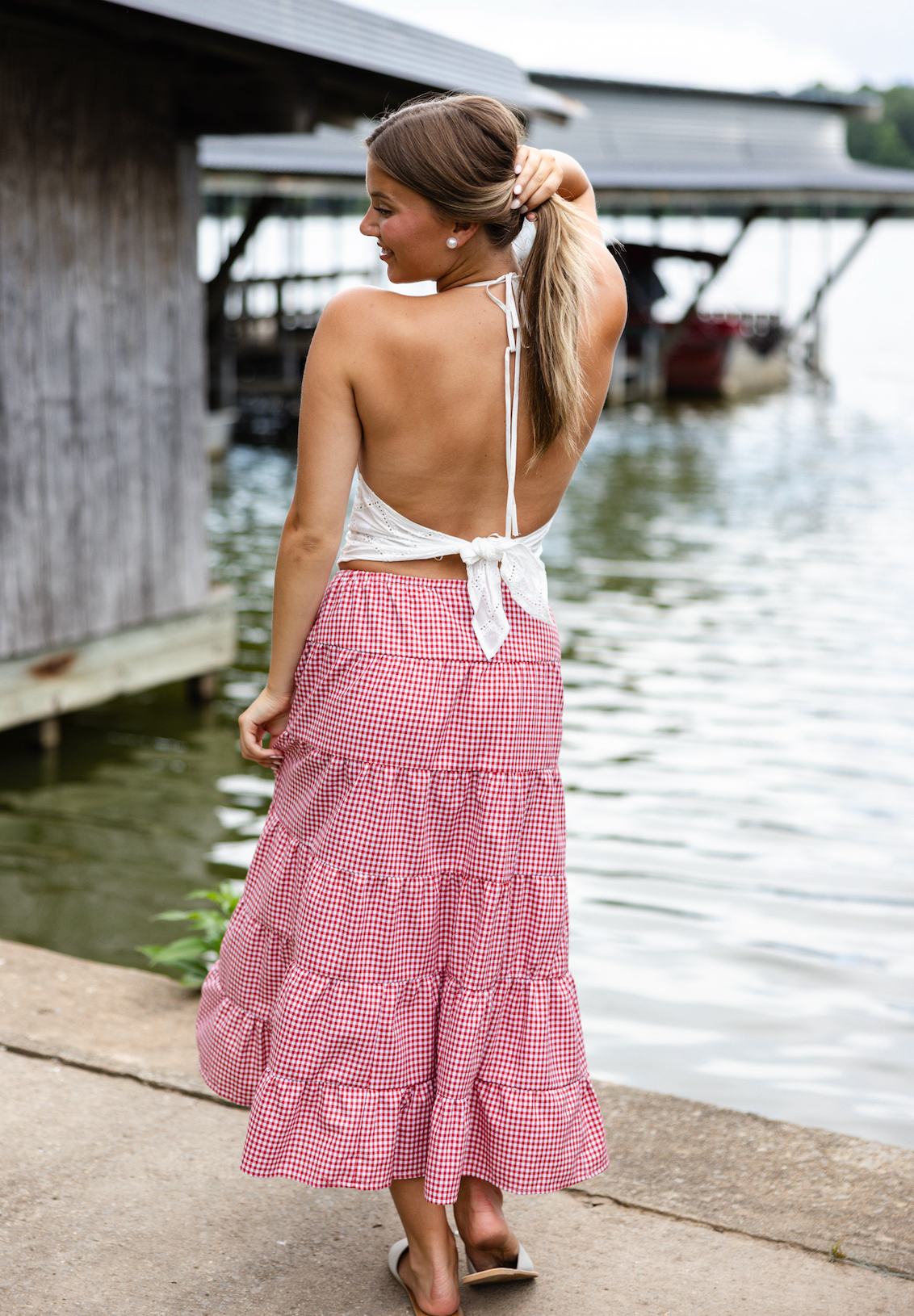 Red Gingham Midi Skirt