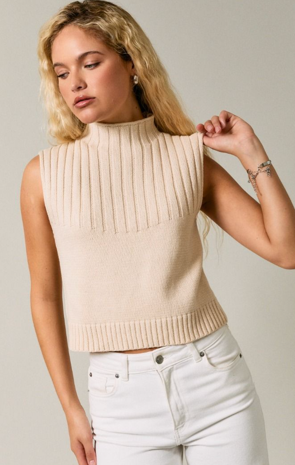 Mock Neck Knit Top Cream