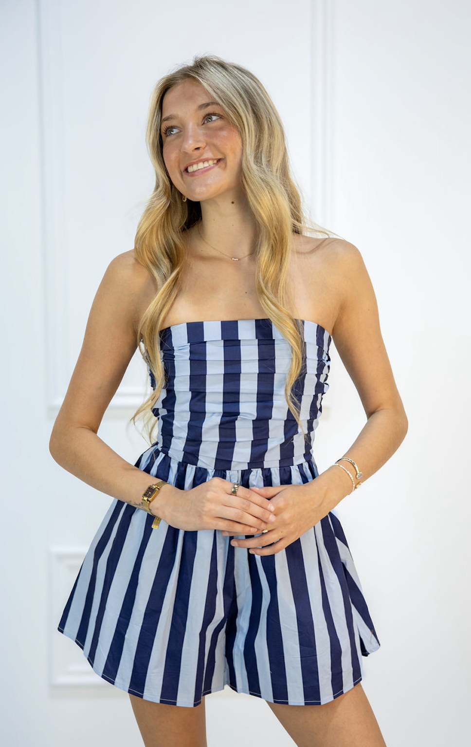 Navy/Blue Striped Strapless Romper