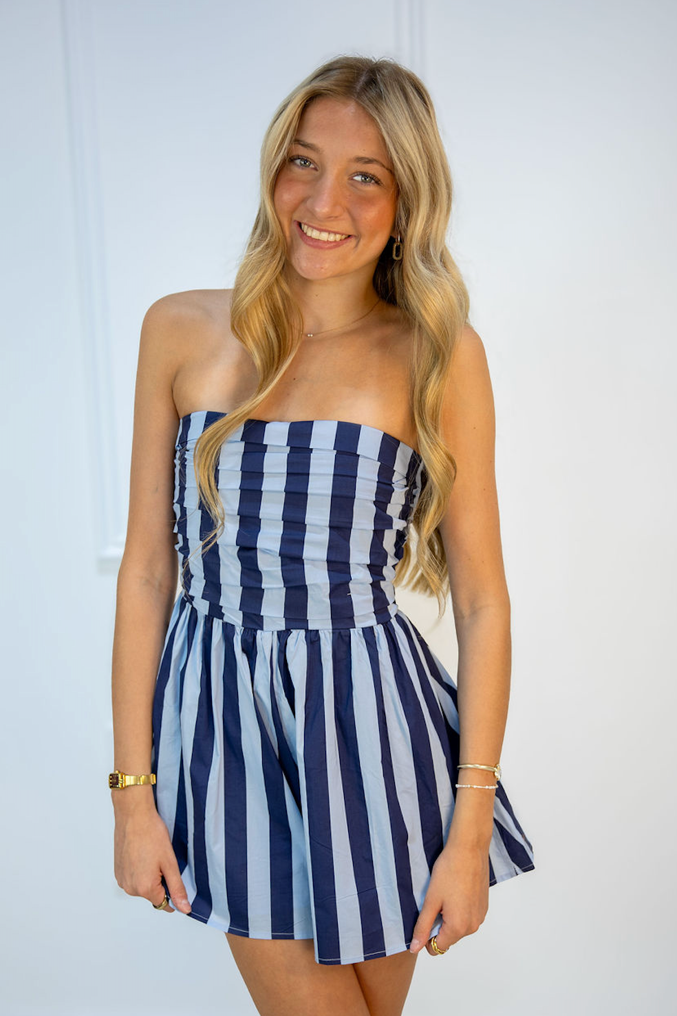 Navy/Blue Striped Strapless Romper