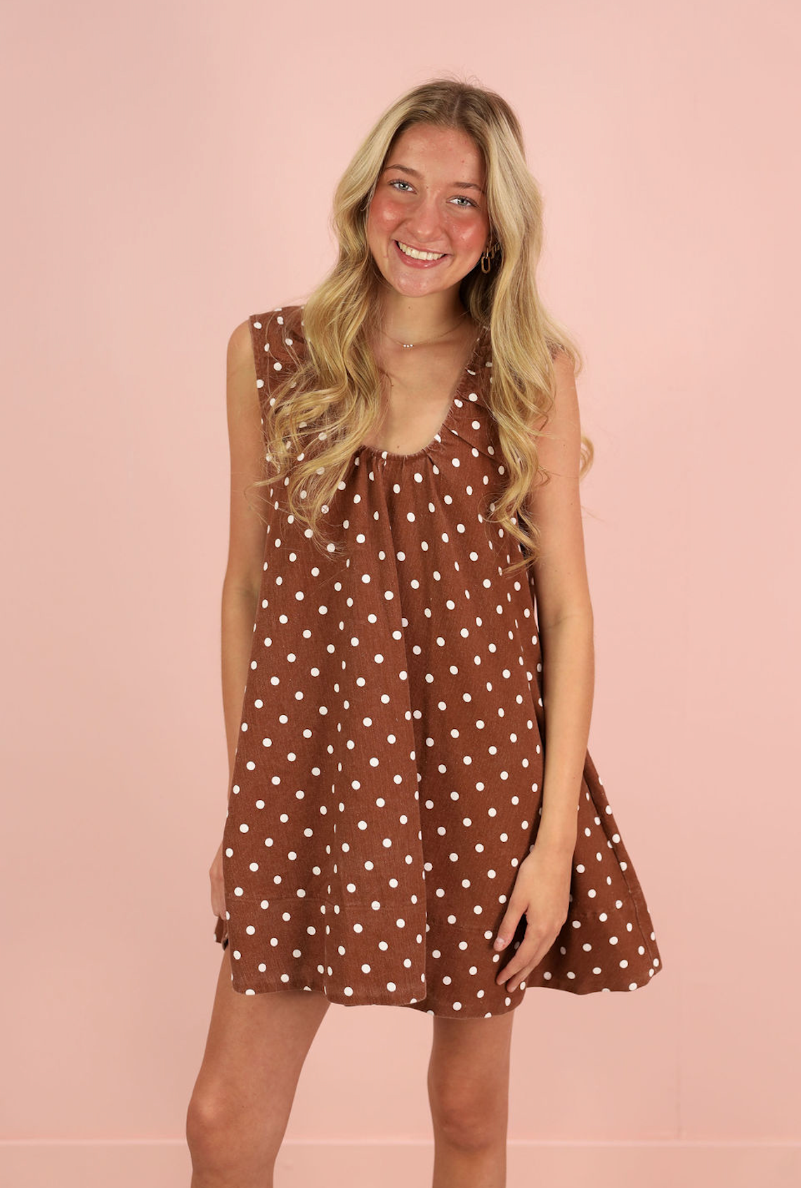 Polka Dot Scoop Neck Dress Brown