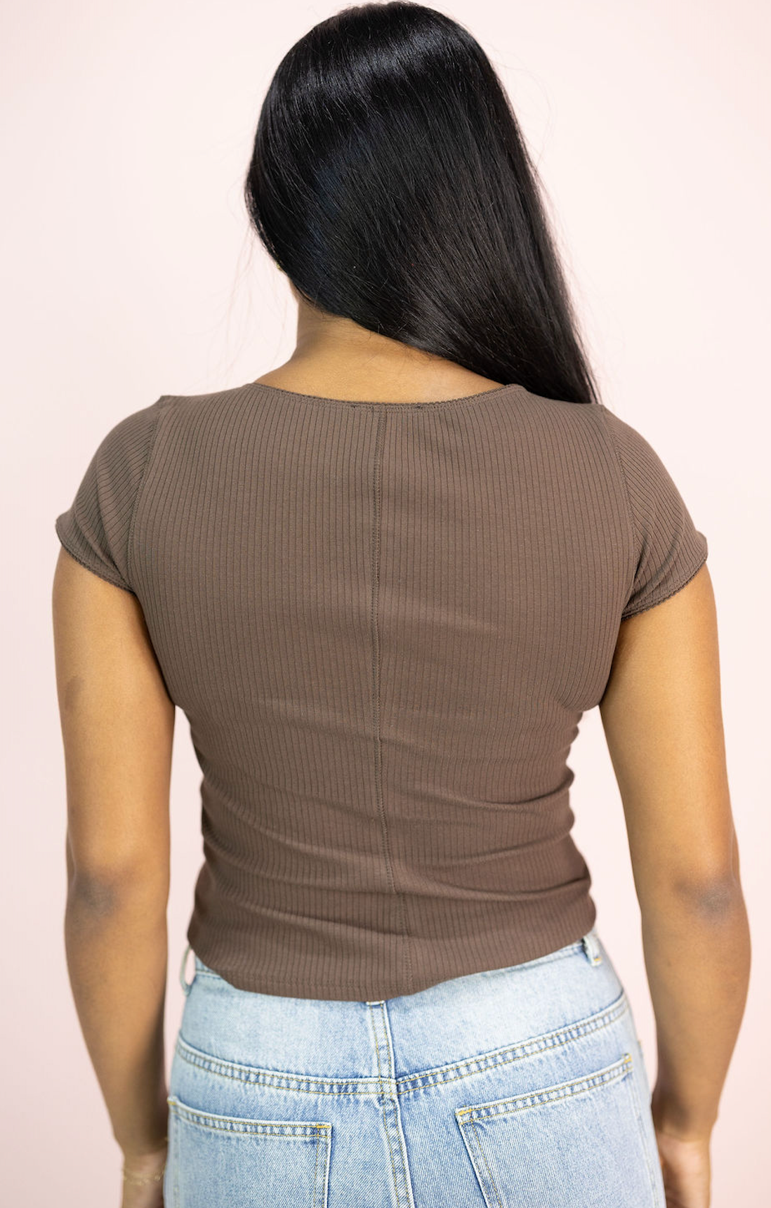 Ribbed Button Top Brown