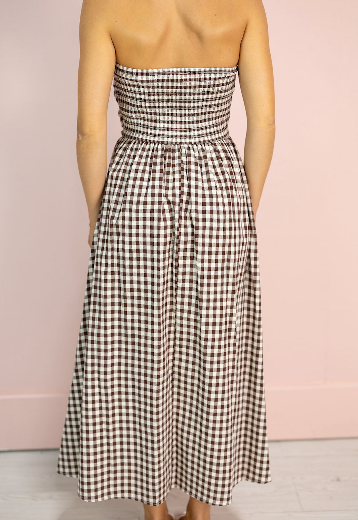 Brown Gingham Strapless Dress