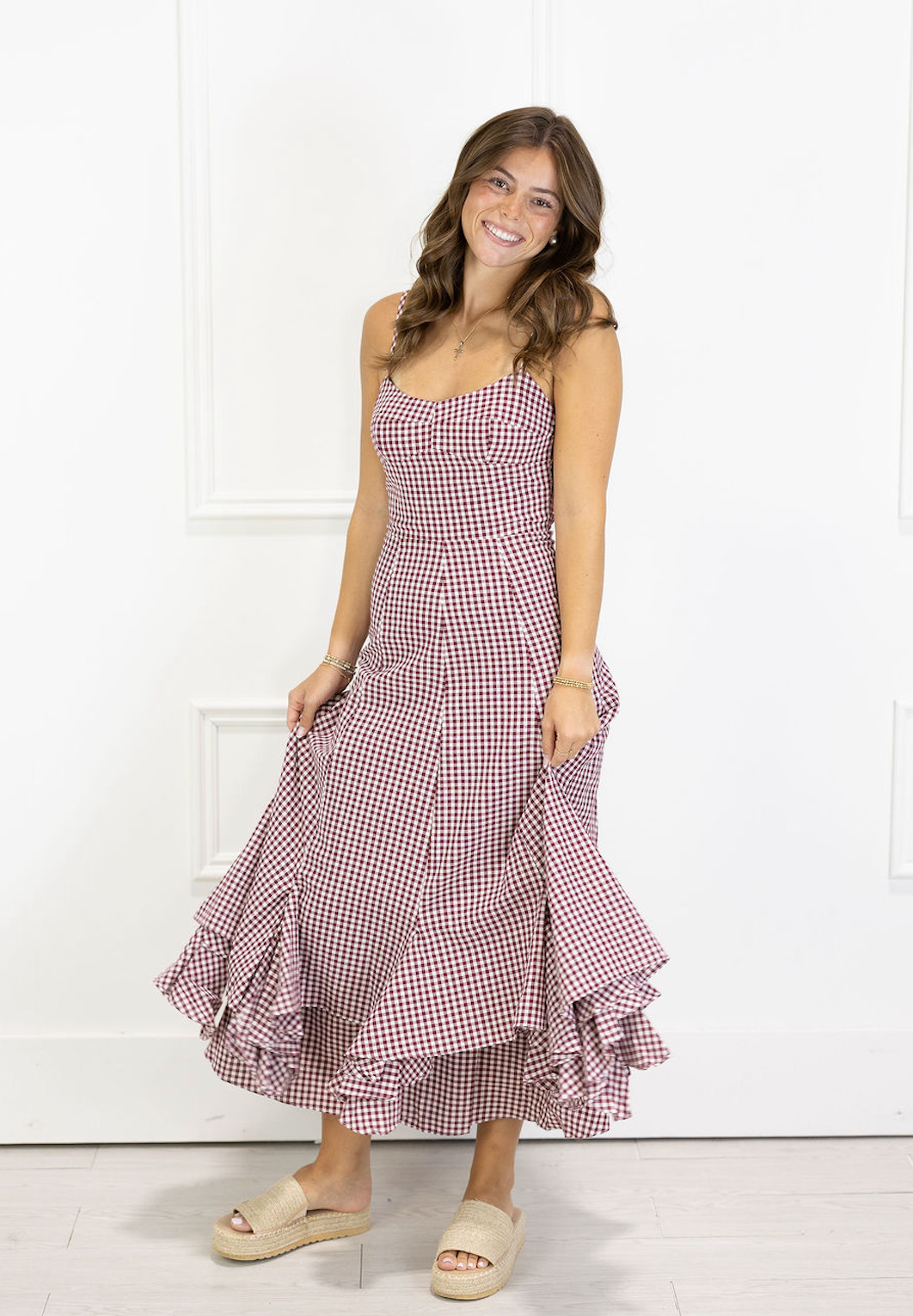 Burgundy Checker Midi Dress