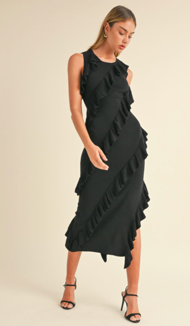 Asymmetrical Ruffle Midi Dress Black