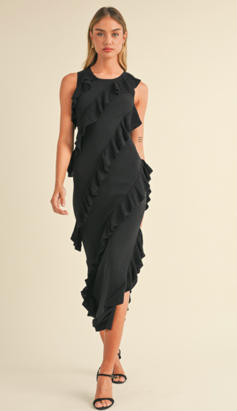 Asymmetrical Ruffle Midi Dress Black