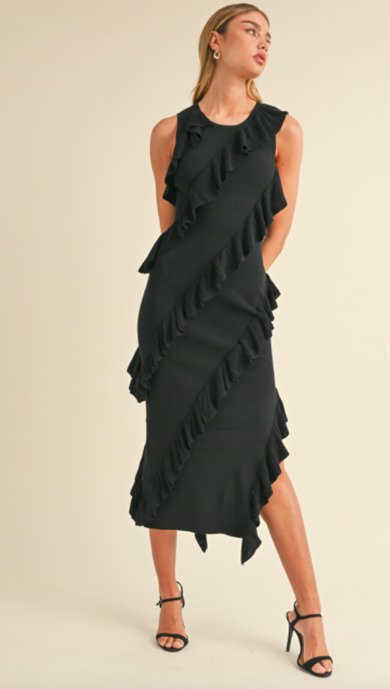 Asymmetrical Ruffle Midi Dress Black