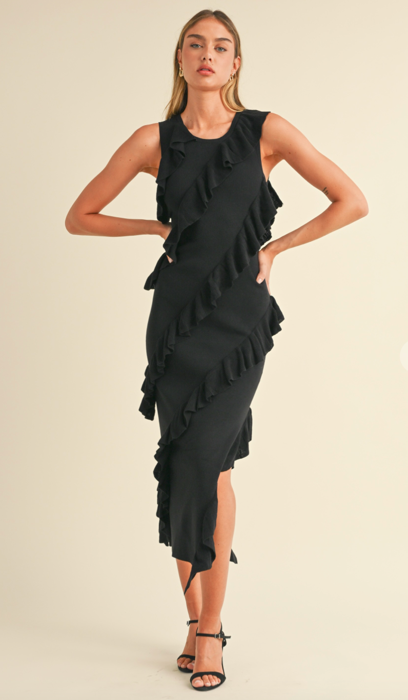 Asymmetrical Ruffle Midi Dress Black