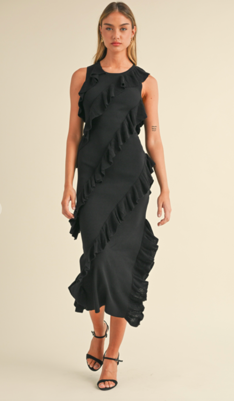 Asymmetrical Ruffle Midi Dress Black