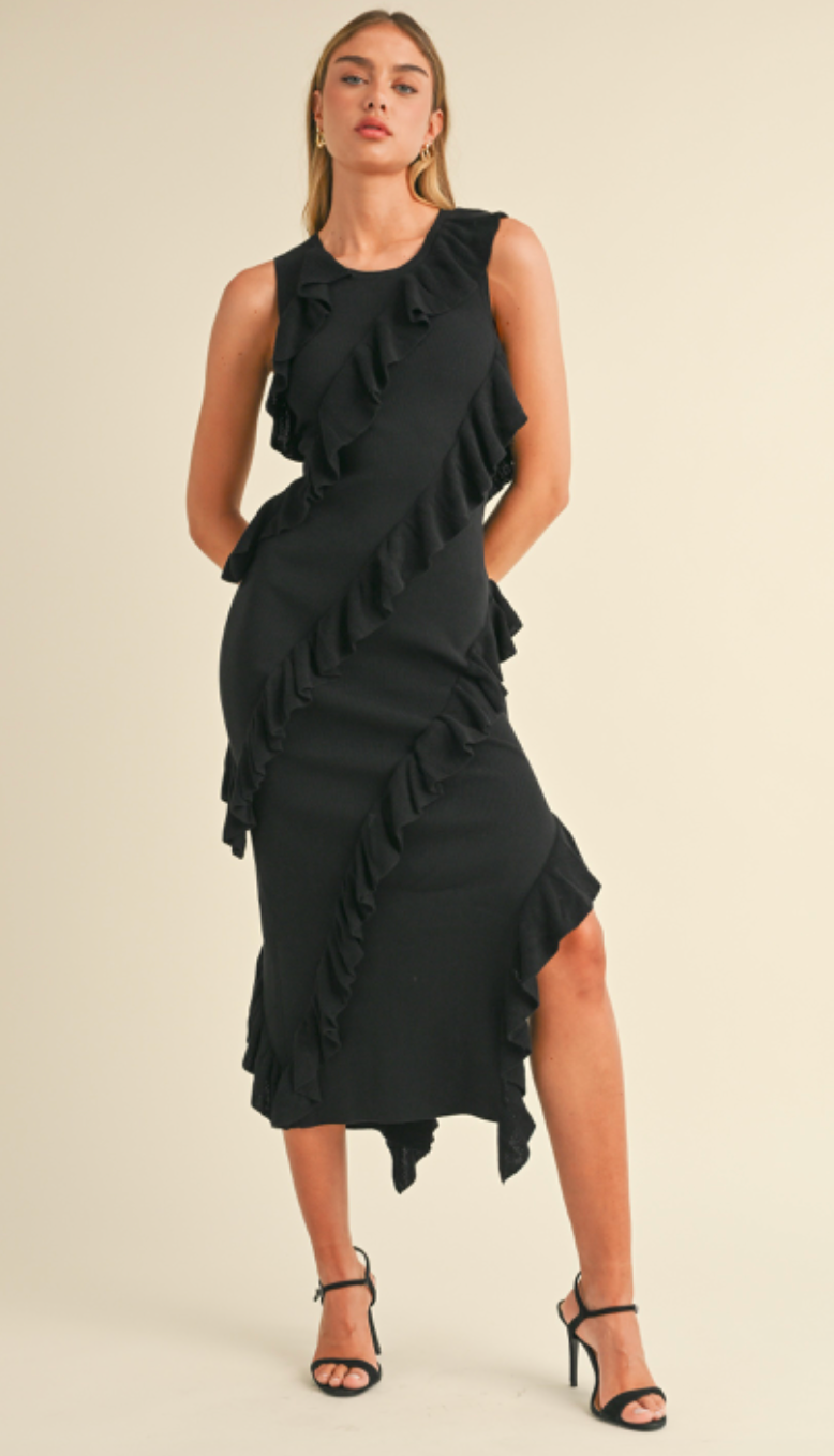 Asymmetrical Ruffle Midi Dress Black