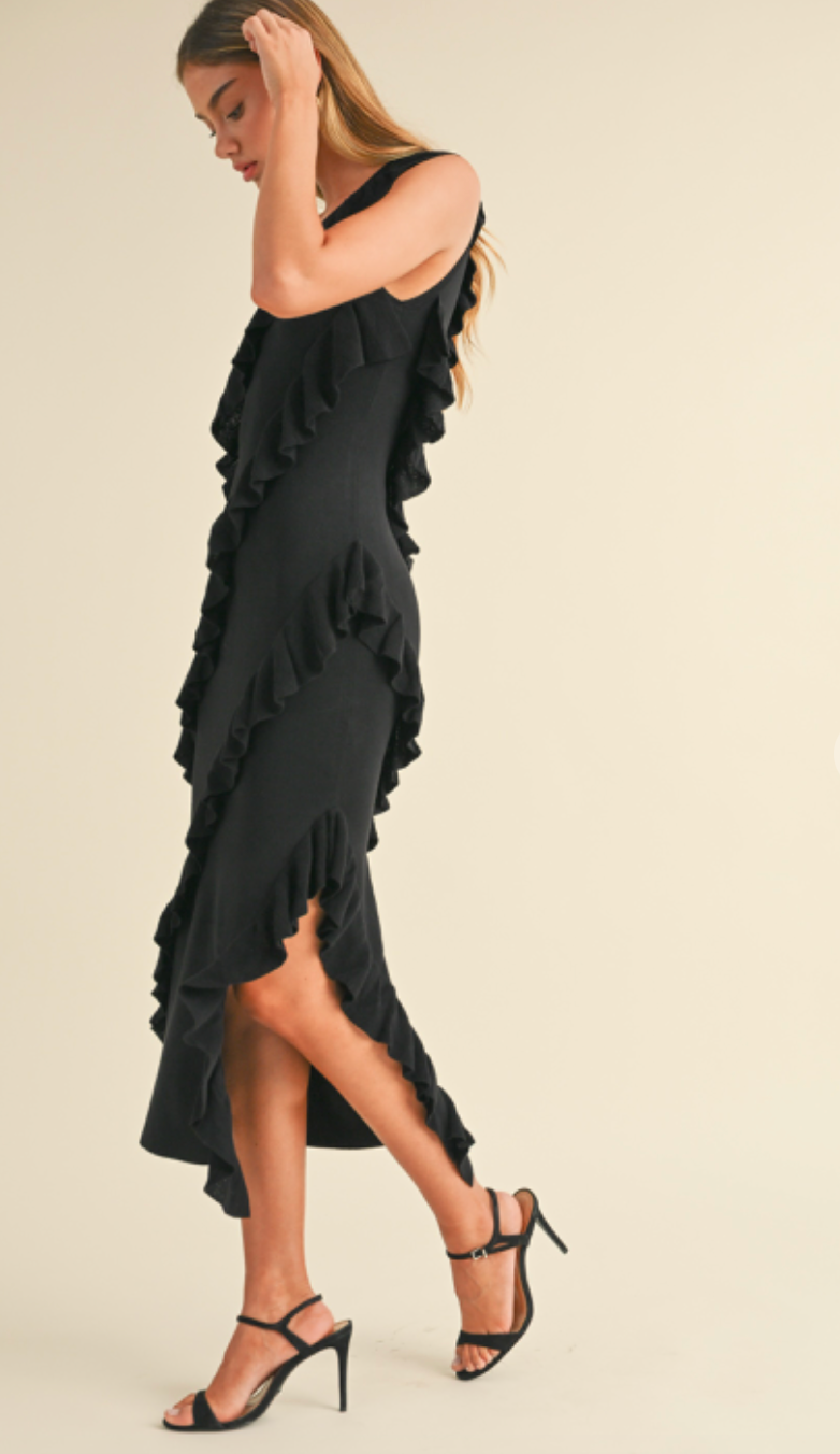 Asymmetrical Ruffle Midi Dress Black