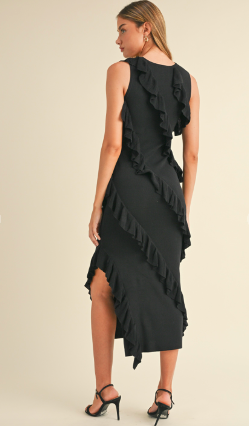 Asymmetrical Ruffle Midi Dress Black