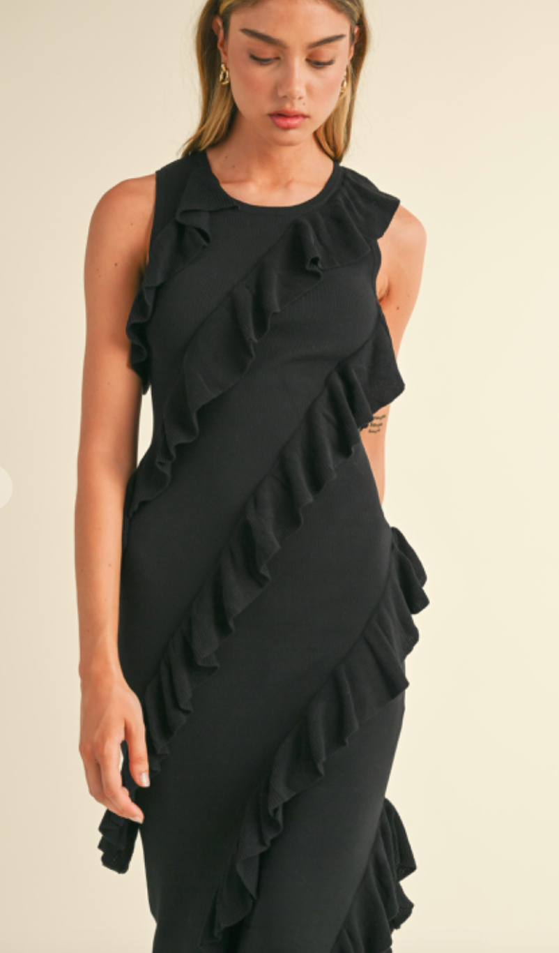Asymmetrical Ruffle Midi Dress Black