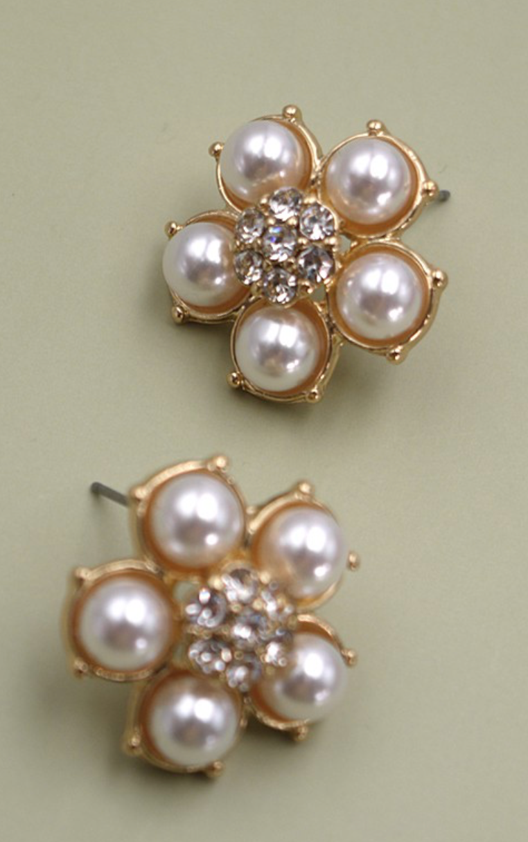 Pearl Rhinestone Flower Studs