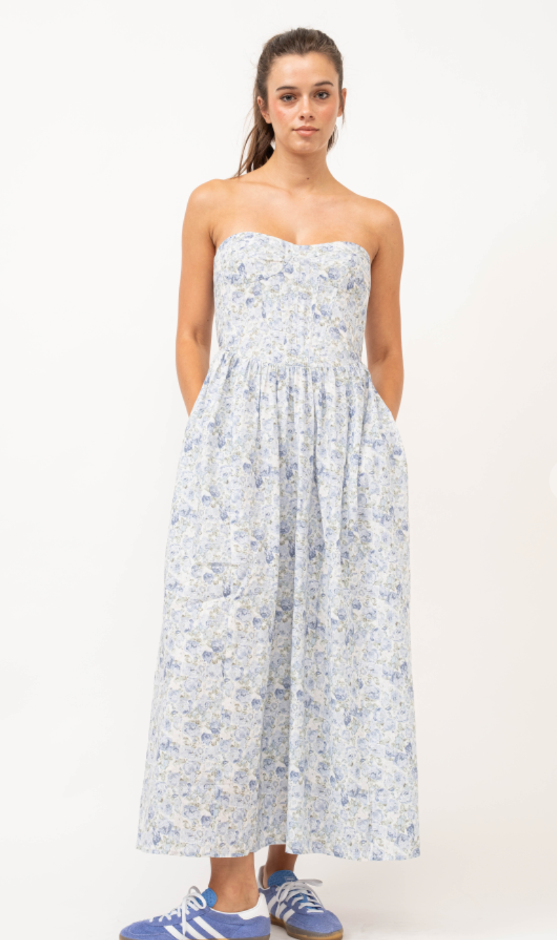 Strapless Blue Floral Midi Dress