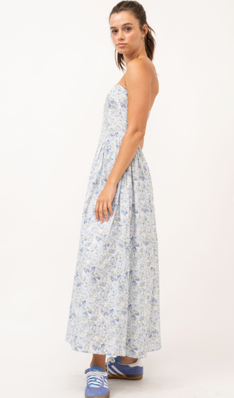 Strapless Blue Floral Midi Dress
