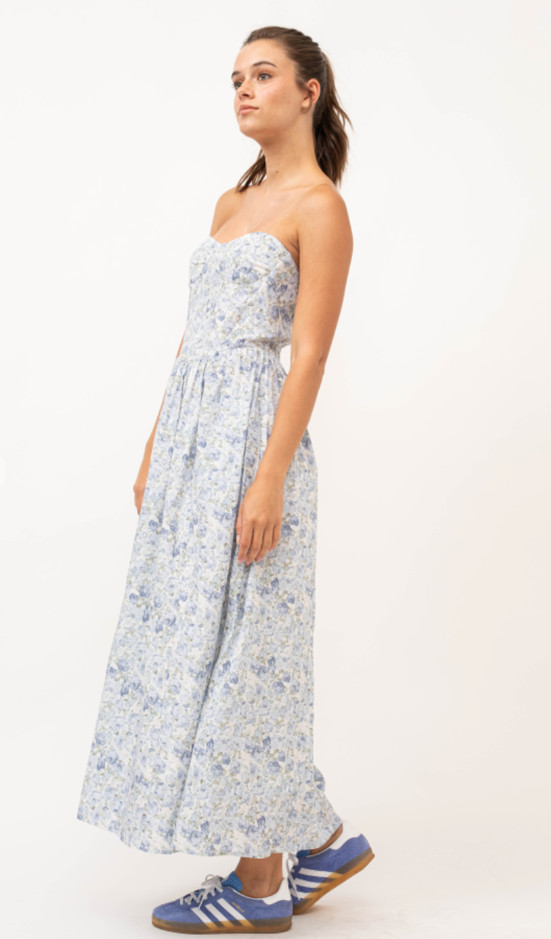 Strapless Blue Floral Midi Dress